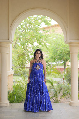 Women’s Faux Georgette Laheriya Print Gown with Kutchi Patchwork