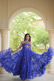 Women’s Faux Georgette Laheriya Print Gown with Kutchi Patchwork