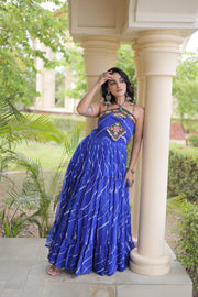 Women’s Faux Georgette Laheriya Print Gown with Kutchi Patchwork