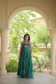 Women’s Faux Georgette Laheriya Print Gown with Kutchi Patchwork