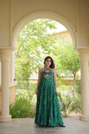 Women’s Faux Georgette Laheriya Print Gown with Kutchi Patchwork