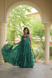 Women’s Faux Georgette Laheriya Print Gown with Kutchi Patchwork
