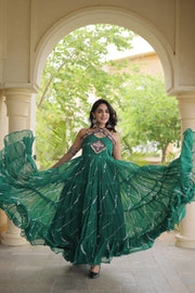 Women’s Faux Georgette Laheriya Print Gown with Kutchi Patchwork