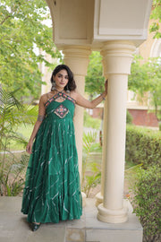 Women’s Faux Georgette Laheriya Print Gown with Kutchi Patchwork