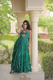 Women’s Faux Georgette Laheriya Print Gown with Kutchi Patchwork