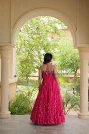 Women’s Faux Georgette Laheriya Print Gown with Kutchi Patchwork