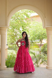 Women’s Faux Georgette Laheriya Print Gown with Kutchi Patchwork