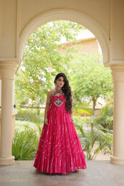 Women’s Faux Georgette Laheriya Print Gown with Kutchi Patchwork