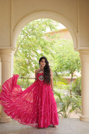 Women’s Faux Georgette Laheriya Print Gown with Kutchi Patchwork