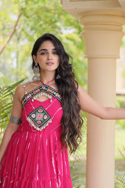 Women’s Faux Georgette Laheriya Print Gown with Kutchi Patchwork