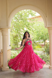 Women’s Faux Georgette Laheriya Print Gown with Kutchi Patchwork