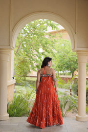 Women’s Faux Georgette Laheriya Print Gown with Kutchi Patchwork