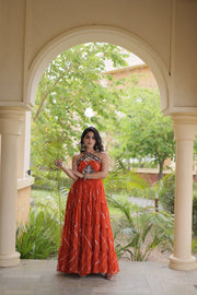 Women’s Faux Georgette Laheriya Print Gown with Kutchi Patchwork