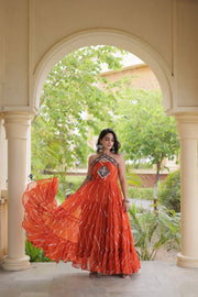 Women’s Faux Georgette Laheriya Print Gown with Kutchi Patchwork