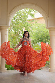 Women’s Faux Georgette Laheriya Print Gown with Kutchi Patchwork