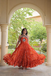 Women’s Faux Georgette Laheriya Print Gown with Kutchi Patchwork