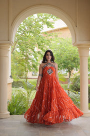 Women’s Faux Georgette Laheriya Print Gown with Kutchi Patchwork