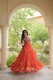Women’s Faux Georgette Laheriya Print Gown with Kutchi Patchwork