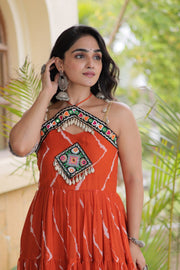 Women’s Faux Georgette Laheriya Print Gown with Kutchi Patchwork