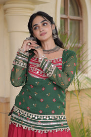 Women’s Rayon Lehenga Choli with Kutchi Work & Bandhani Jacket