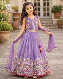 Girls Purple Embroidered Treditional Lehenga Choli with Dupatta