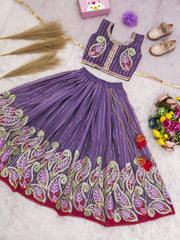 Girls Purple Embroidered Treditional Lehenga Choli with Dupatta