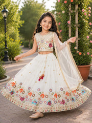 Girls White Floral Embroidered Lehenga Choli with Dupatta