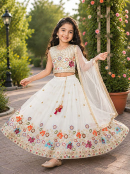 Girls White Floral Embroidered Lehenga Choli with Dupatta
