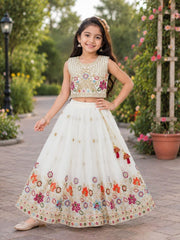 Girls White Floral Embroidered Lehenga Choli with Dupatta