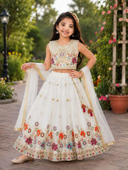 Girls White Floral Embroidered Lehenga Choli with Dupatta