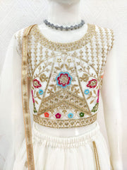 Girls White Floral Embroidered Lehenga Choli with Dupatta
