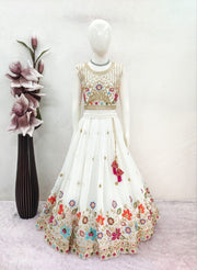 Girls White Floral Embroidered Lehenga Choli with Dupatta