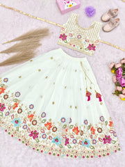 Girls White Floral Embroidered Lehenga Choli with Dupatta