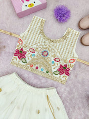 Girls White Floral Embroidered Lehenga Choli with Dupatta