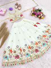 Girls White Floral Embroidered Lehenga Choli with Dupatta