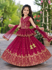 Girls Maroon Embroidered Lehenga Choli with Dupatta