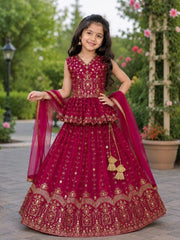 Girls Maroon Embroidered Lehenga Choli with Dupatta