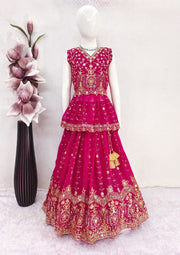 Girls Maroon Embroidered Lehenga Choli with Dupatta