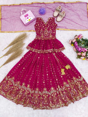 Girls Maroon Embroidered Lehenga Choli with Dupatta