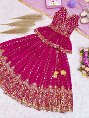 Girls Maroon Embroidered Lehenga Choli with Dupatta
