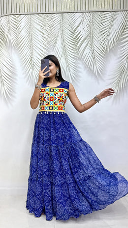 Women’s Blue Bandhej Print Gujarati Gown