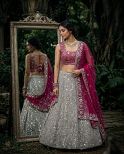 Women’s Magenta Pink & Silver Embroidered Lehenga Choli Set with Dupatta