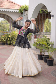 Women’s Embroidered Black Peplum Kurti with White Flared Lehenga Skirt