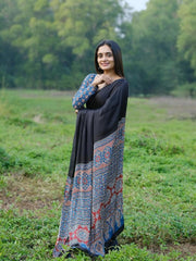 Women’s Ready to Wear Crape Silk Saree, Black and Blue Printed Stitched Saree