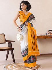 Women’s Ready to Wear Mul Cotton Saree with Pocket, White, Mustard Yellow and Black Printed
