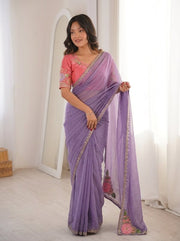 Women’s Lavender Purple Saree with Floral Embroidery and Decorative Border