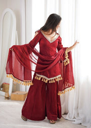 Women’s Beige,Maroon Embroidered Anarkali Suit Set with Dupatta