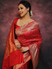 Red Banarasi Silk Saree for Women with All Over Woven Butti Design