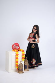 Indian Lehenga Choli Set, Black Flared Lehenga Skirt with Colorful Embroidered Border