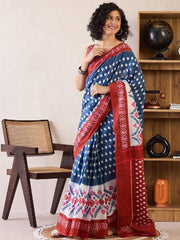 Women’s Ready to Wear Mul Cotton Saree with Pocket, Blue and Red Printed
